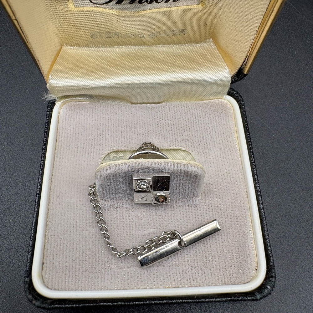 Vintage Anson Silver Tie Tack + Silver Filigree with Chain (with Box)